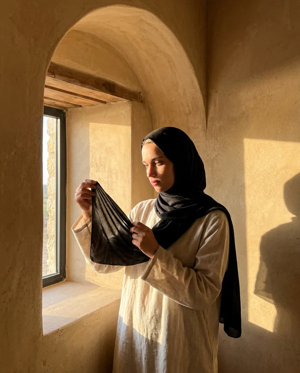 Femme qui soulève le pan de son hijab vers la lumière d'une fenêtre pour en regarder l'épaisseur