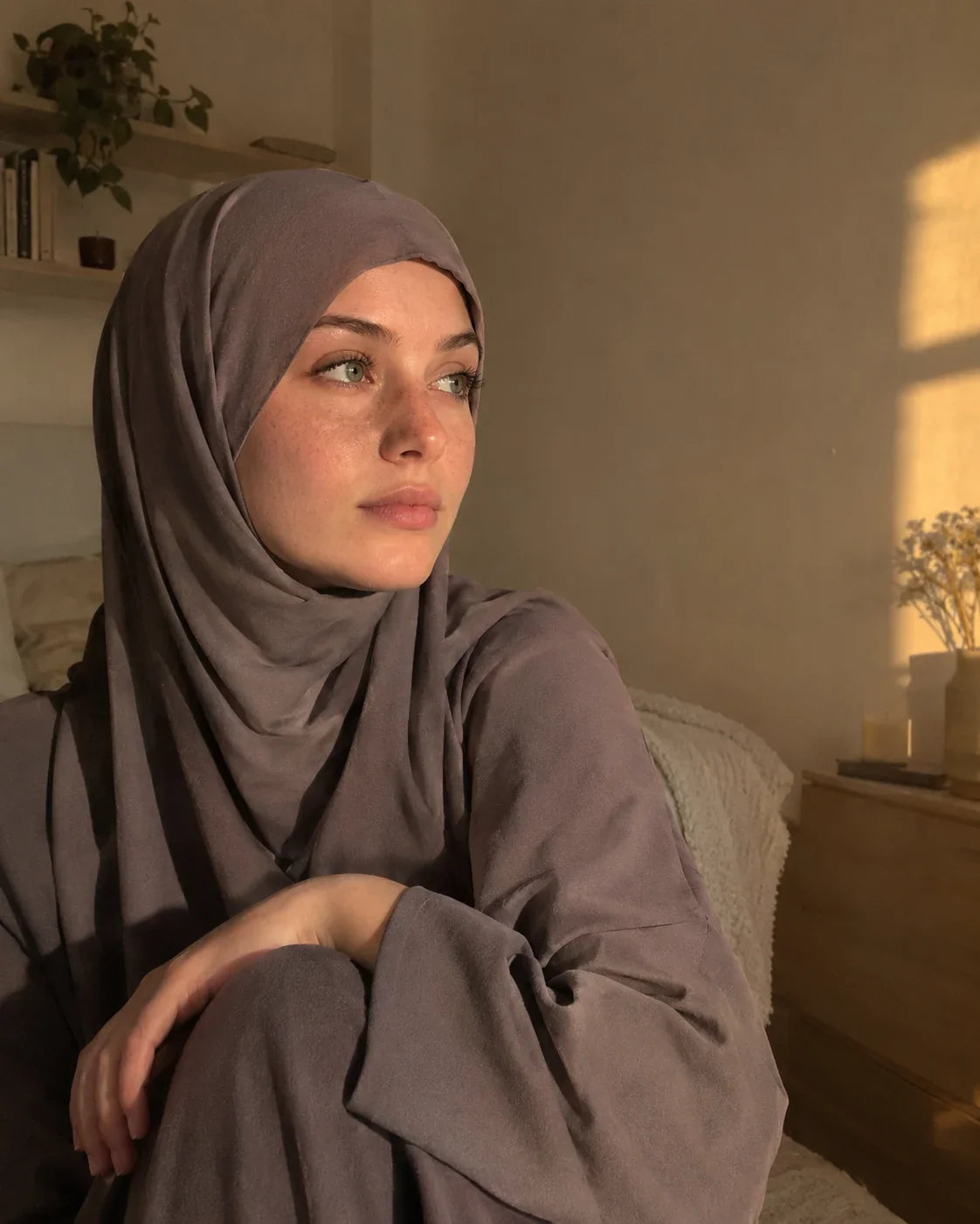 Femme en hijab mauve mat, assise dans une chambre au soleil du soir, le regard tourné vers la fenêtre