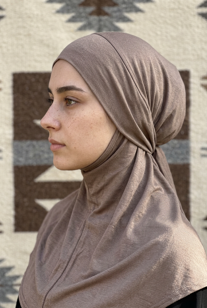 Hijab cagoule porté de profil : capuche, col montant jusqu'au menton et cape sur les épaules, devant un kilim
