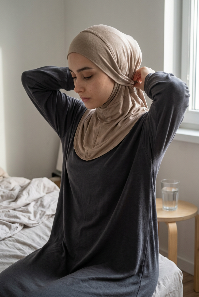 Femme assise au bord d'un lit nouant les liens du hijab cagoule derrière sa tête