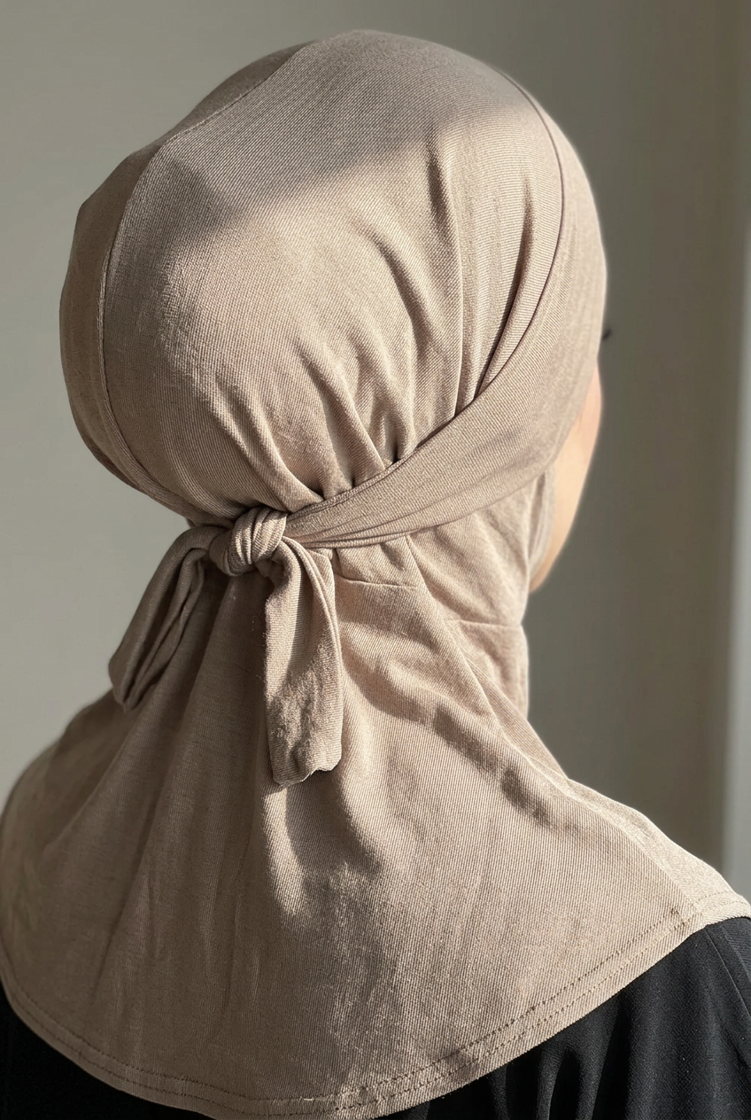 Nœud des deux liens du hijab cagoule derrière la tête, vu de dos
