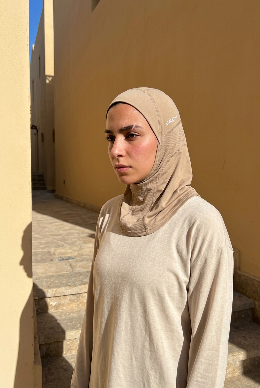 Femme portant le hijab de sport 4 sens dans une ruelle ensoleillée, de trois quarts