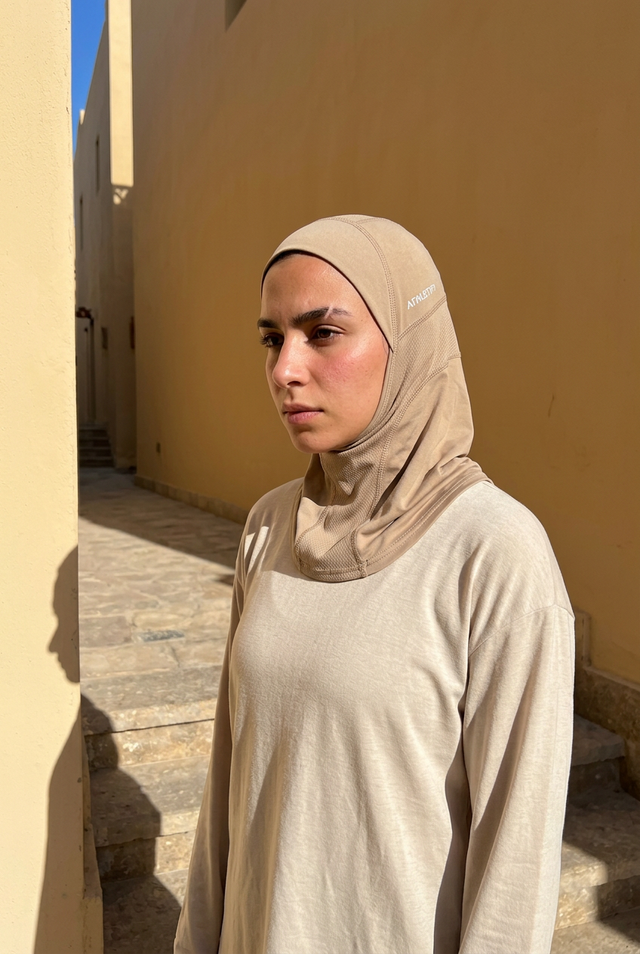 Femme portant le hijab de sport 4 sens dans une ruelle ensoleillée, de trois quarts