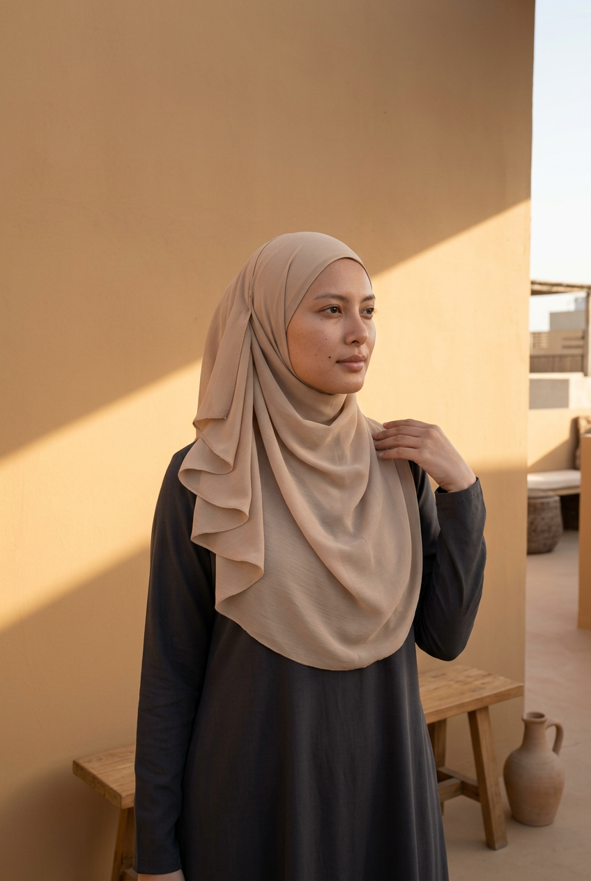 Femme portant le hijab crêpe froissé beige, drapé sur les épaules, sur une terrasse au soleil