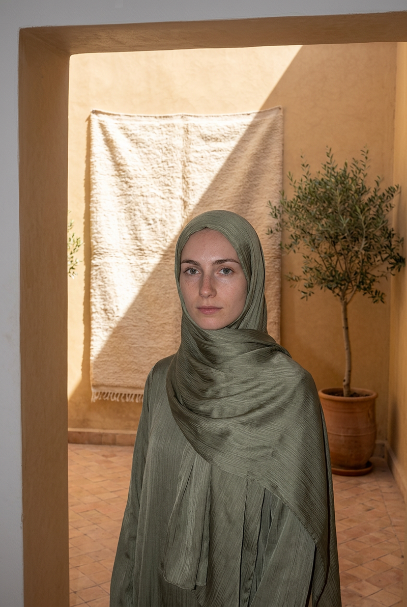 Femme portant le hijab soie de Médine plissé, debout dans l'encadrement d'une porte, un kilim au mur