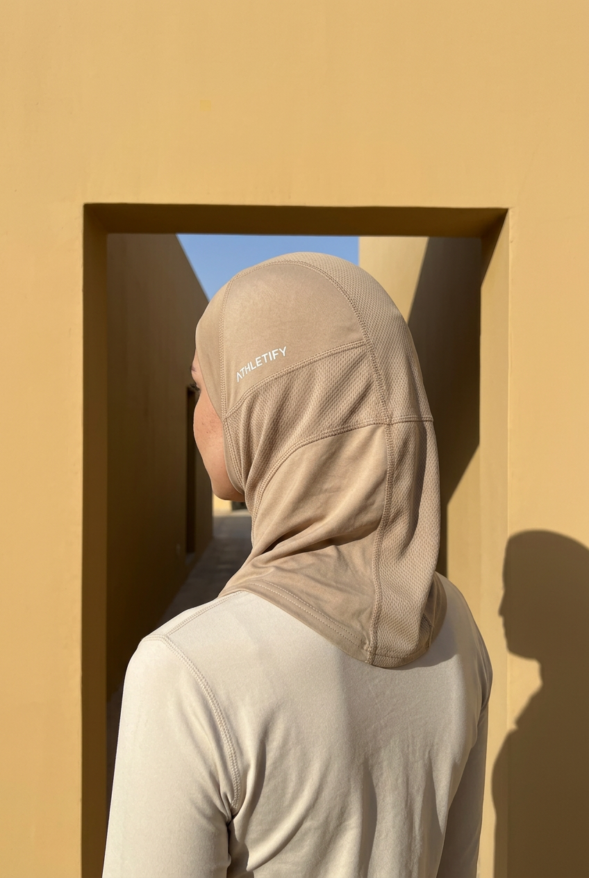 Hijab de sport 4 sens vu de dos, inserts en maille ajourée sur le crâne
