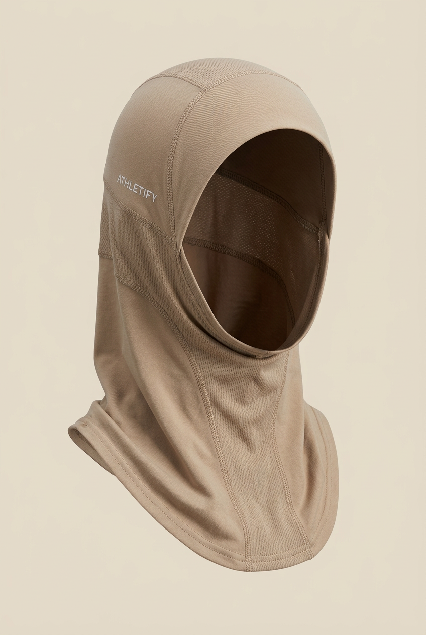 Hijab de sport 4 sens en volume, de trois quarts, sur fond clair