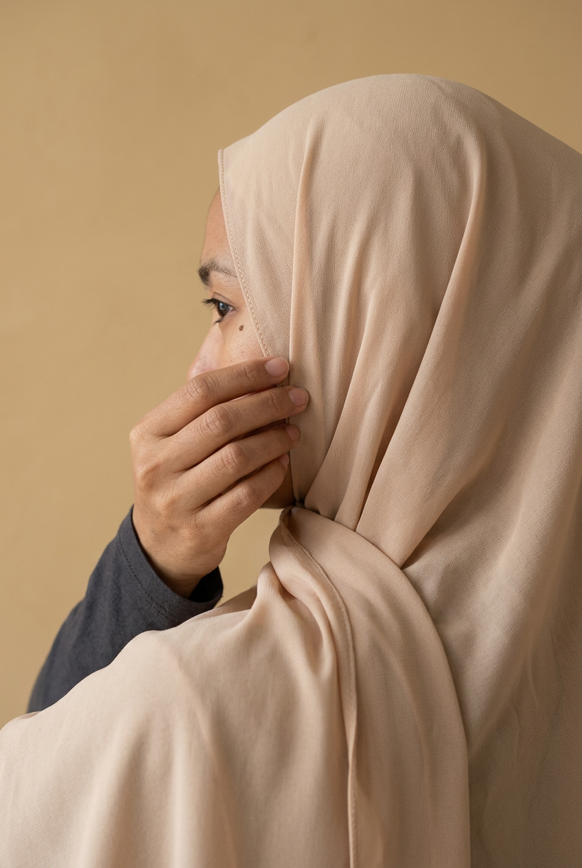 Hijab crêpe froissé vu de profil, le bord surpiqué le long du visage