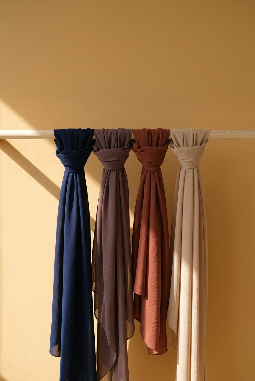 Quatre hijabs crêpe froissé noués sur une barre de bois, devant un mur ocre