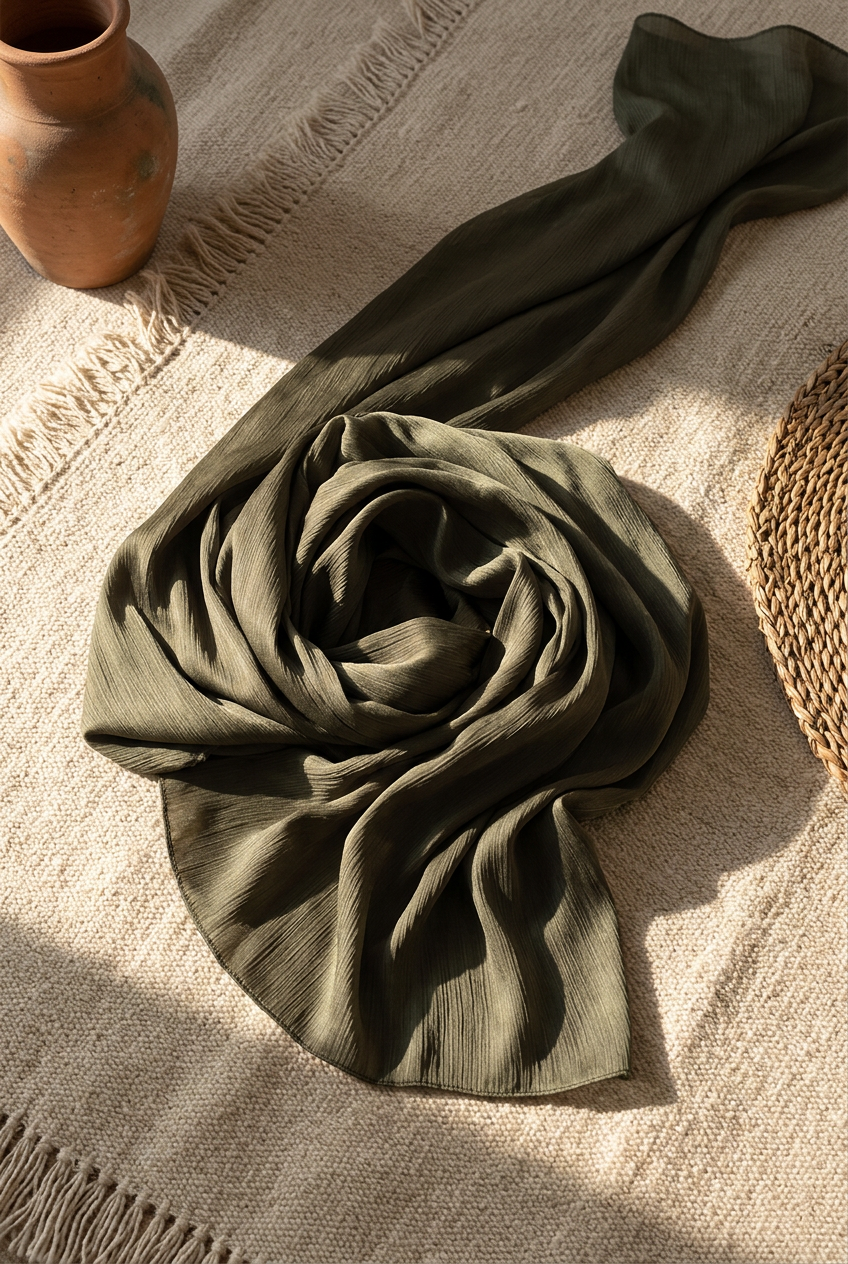 Hijab soie de Médine posé en volutes sur un tapis clair