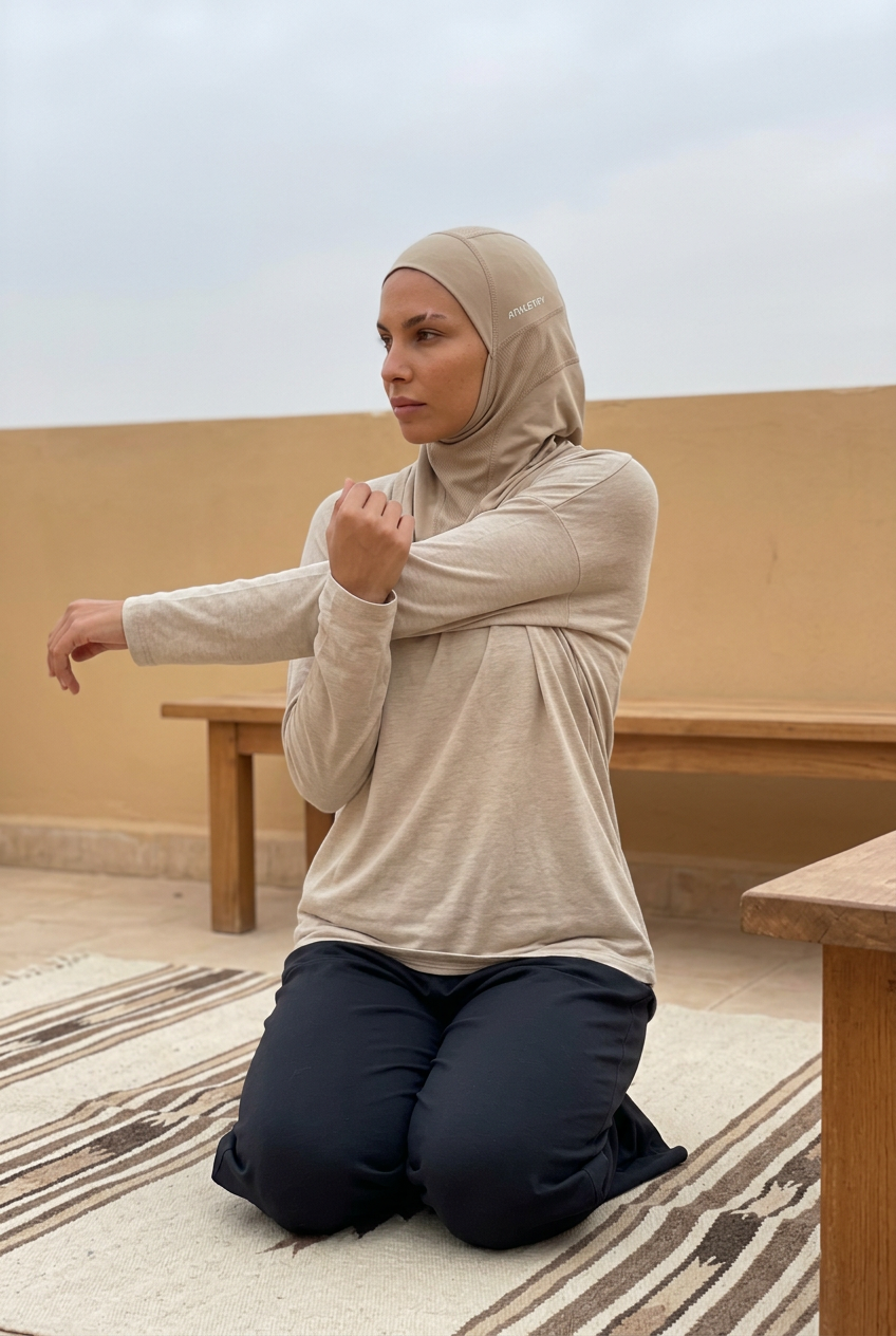 Femme en hijab de sport 4 sens faisant un étirement du bras sur une terrasse