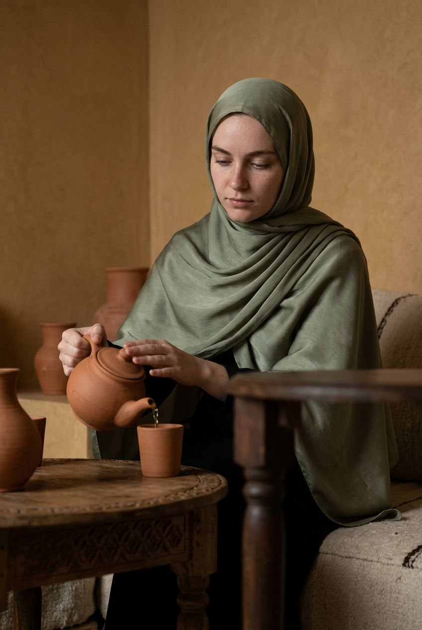 Femme en hijab soie de Médine versant du thé, assise dans un salon
