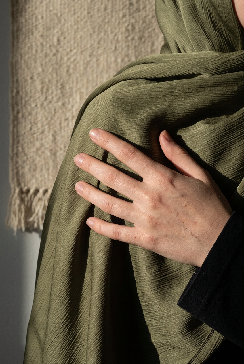 Main posée sur le hijab soie de Médine, gros plan sur les plis verticaux du satin