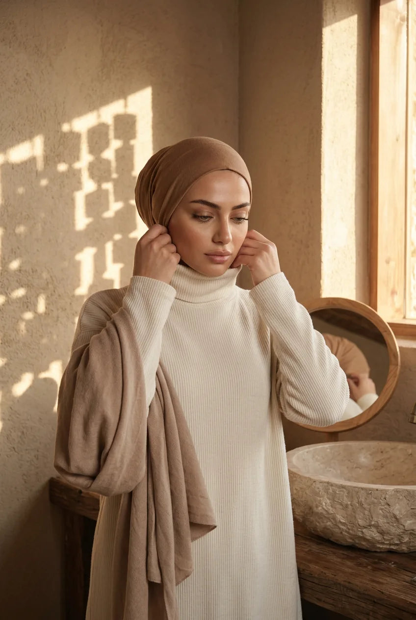 Bonnet sous-hijab camel ajusté devant un miroir, col roulé crème et hijab beige sur le bras, lumière du matin