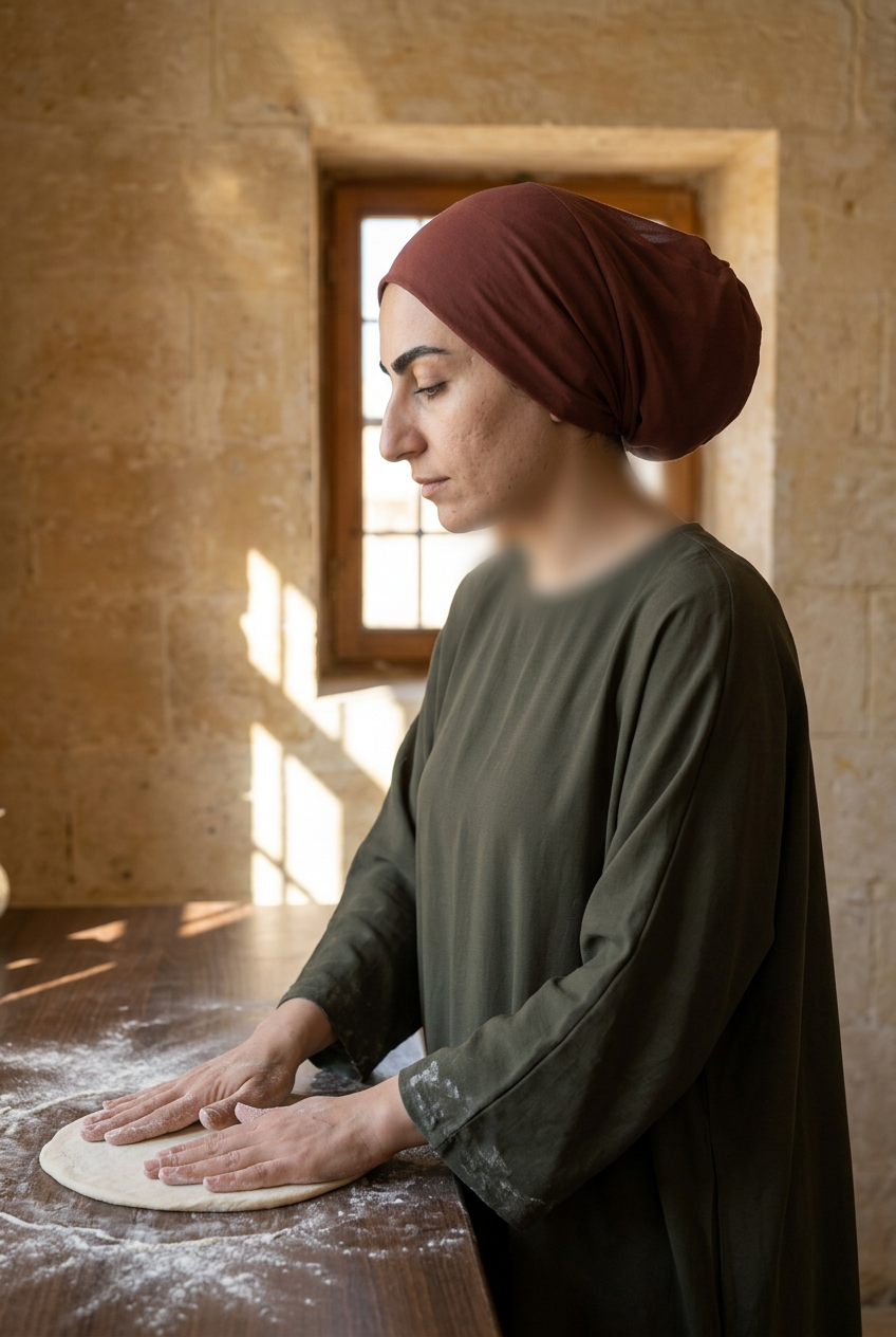 Femme pétrissant une pâte dans sa cuisine, bonnet tube porté