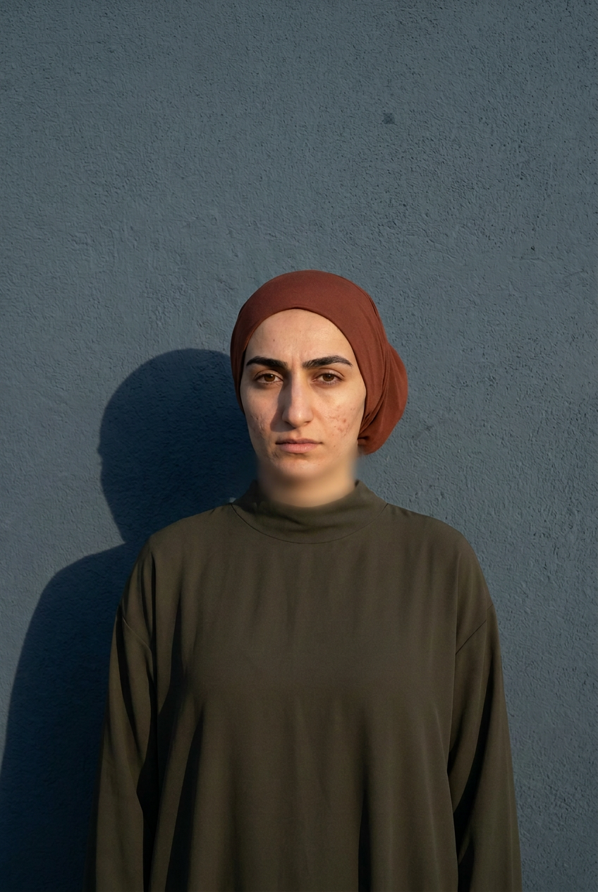 Bonnet tube hijab porté, vu de face, devant un mur bleu-gris