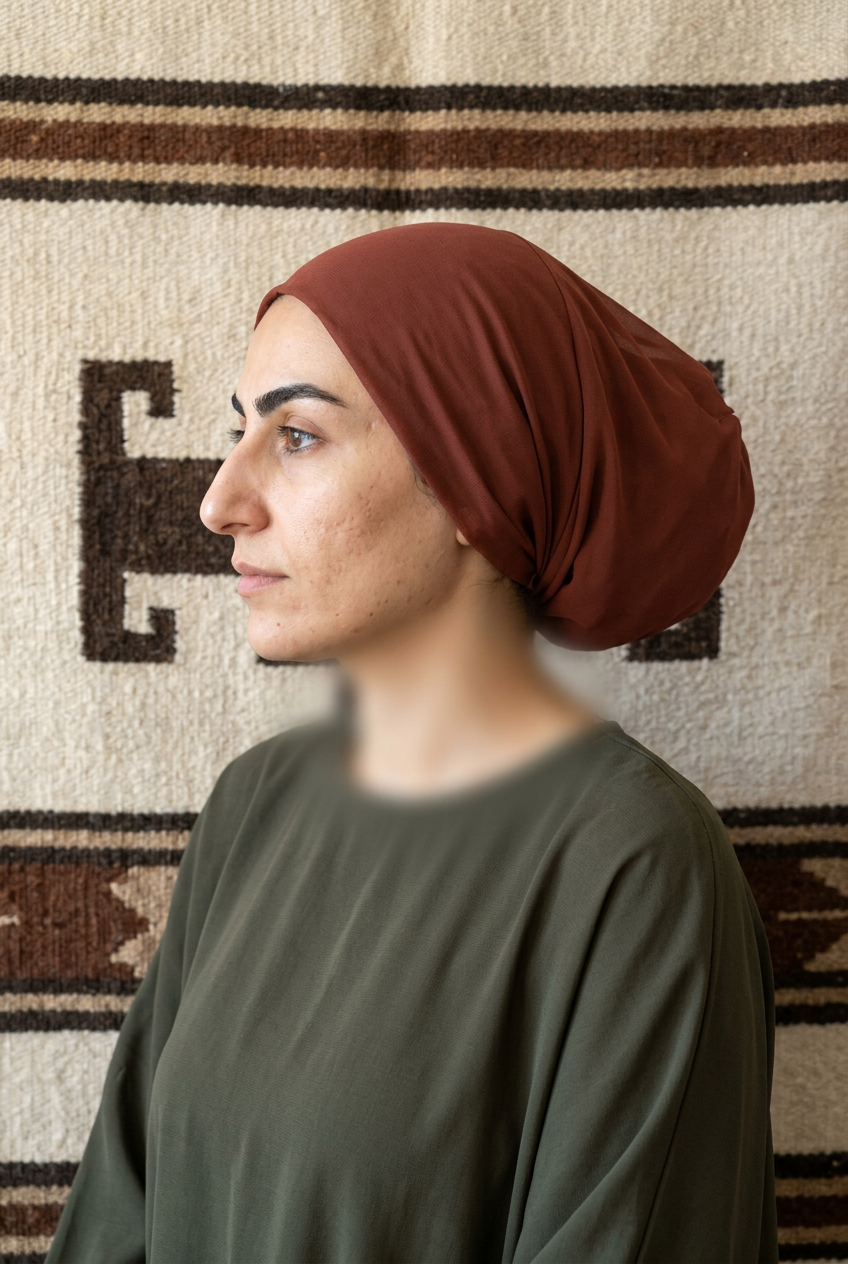 Bonnet tube hijab vu de profil devant un kilim en laine