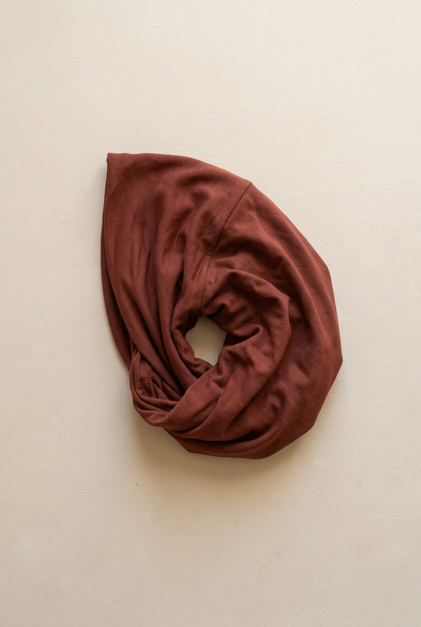 Bonnet tube hijab roulé sur lui-même, vu du dessus, sur fond beige