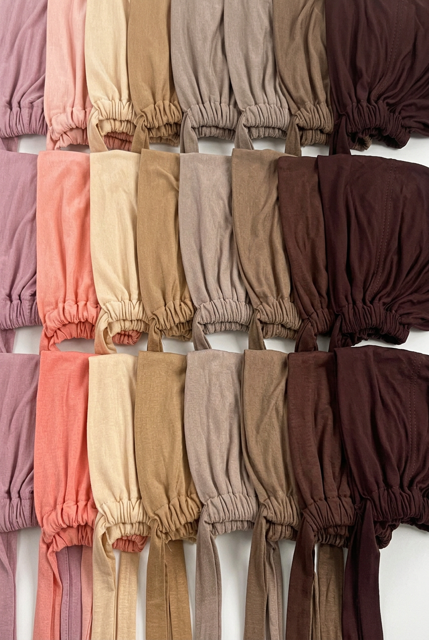 Cagoules sous hijab de plusieurs coloris rangées côte à côte