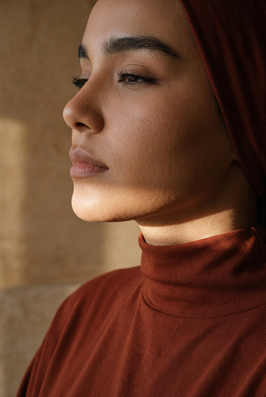 Cagoule sous hijab vue de près, lumière sur la mâchoire