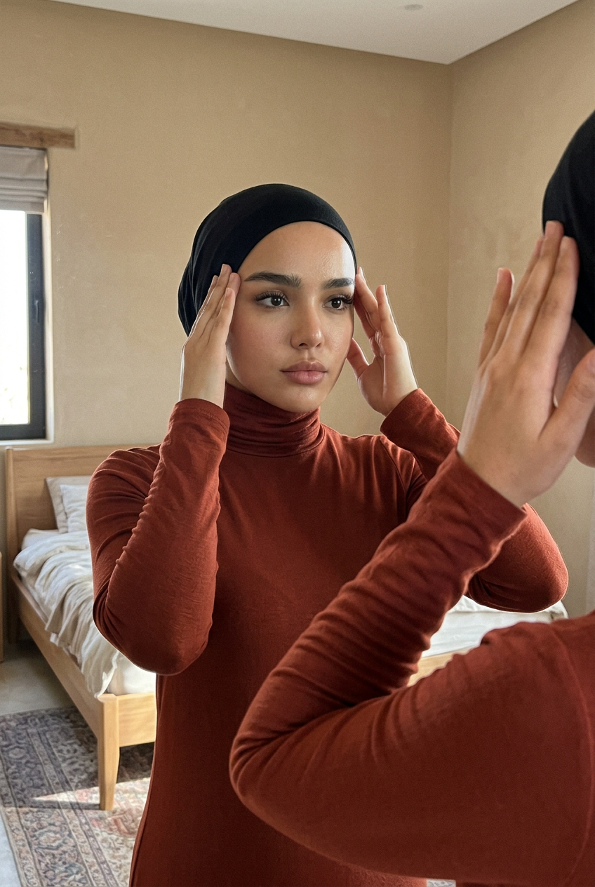 Femme ajustant sa cagoule sous hijab devant un miroir