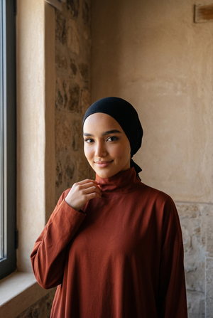 Cagoule sous hijab noire portée, femme souriante près d'une fenêtre