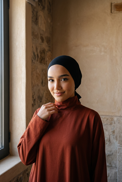 Cagoule sous hijab noire portée, femme souriante près d'une fenêtre