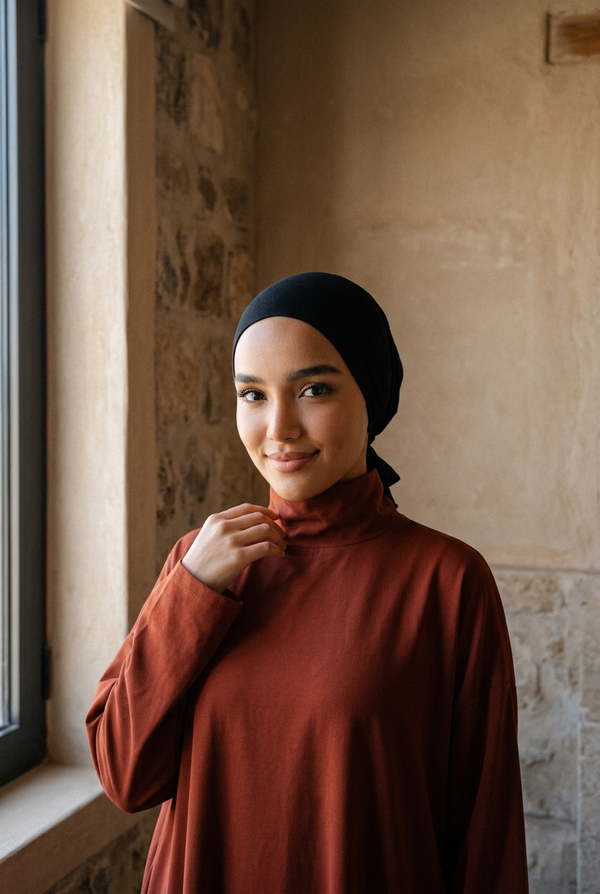 Cagoule sous hijab noire portée, femme souriante près d'une fenêtre