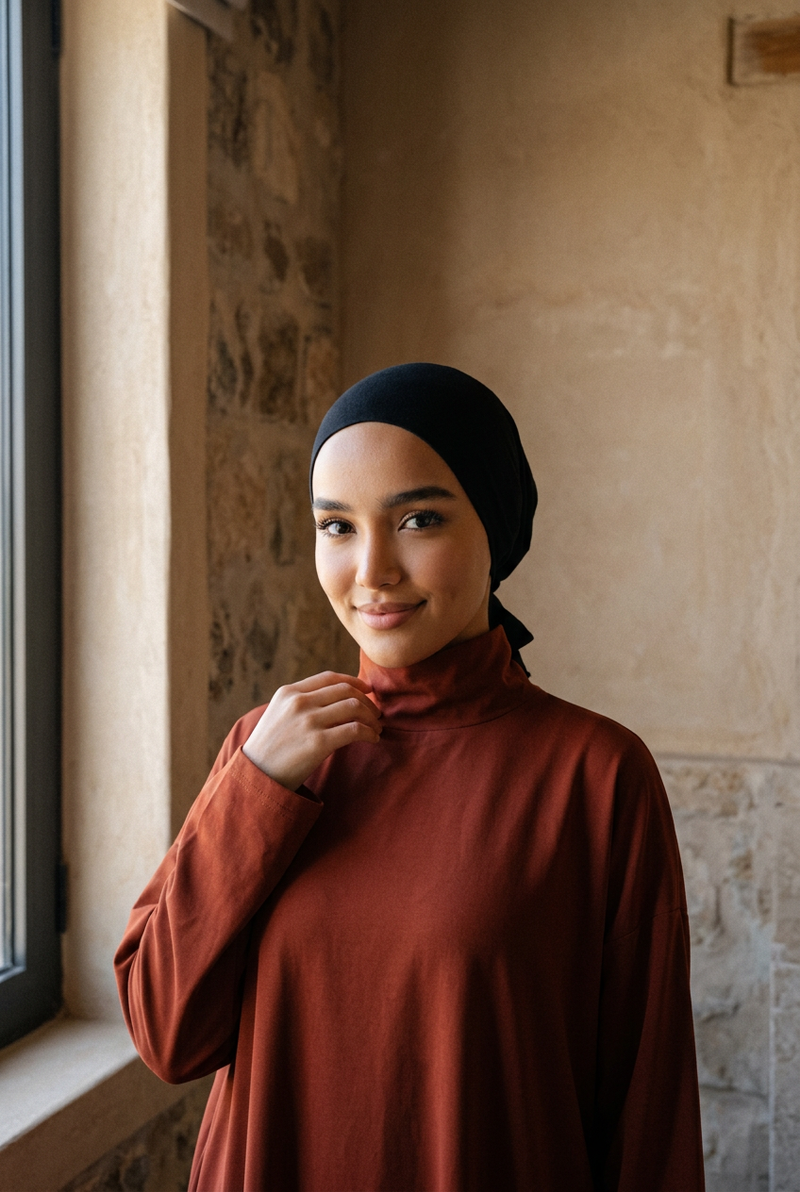 Cagoule sous hijab noire portée, femme souriante près d'une fenêtre