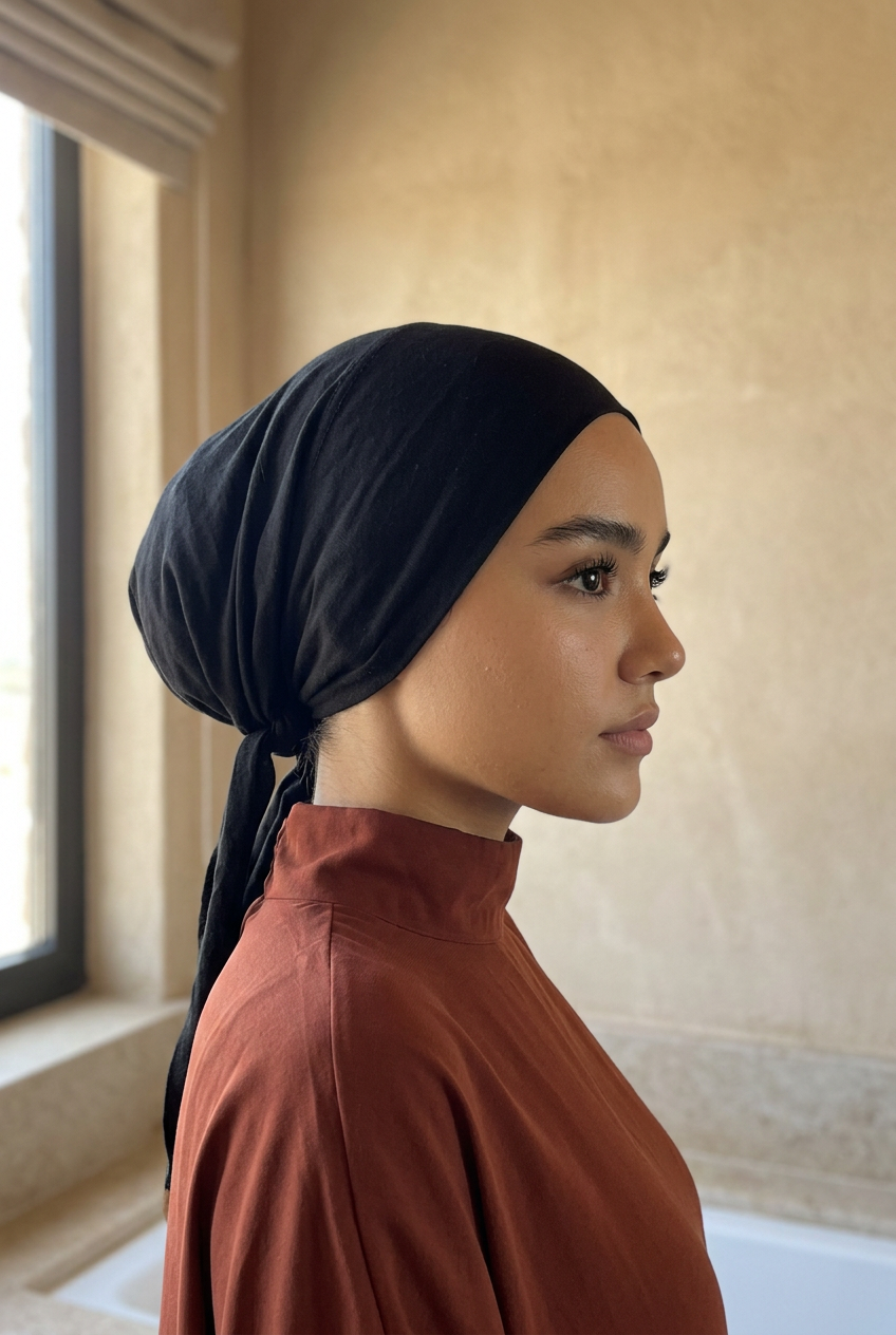 Cagoule sous hijab noire vue de profil, liens noués à l'arrière
