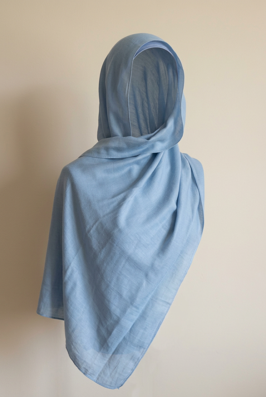 Hijab bleu, volume porté sans personne, fond beige uni