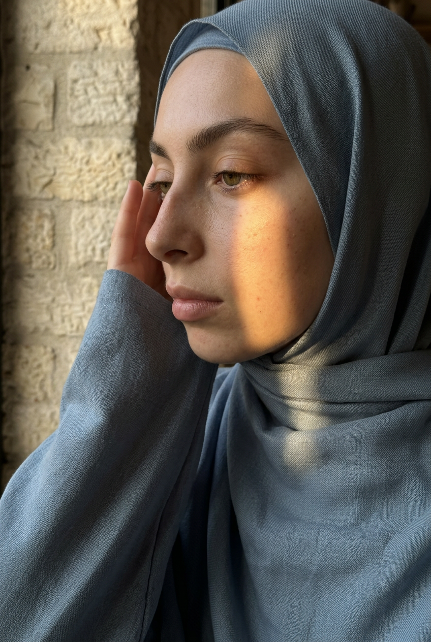 Hijab bleu vu de près, rayon de soleil sur la joue