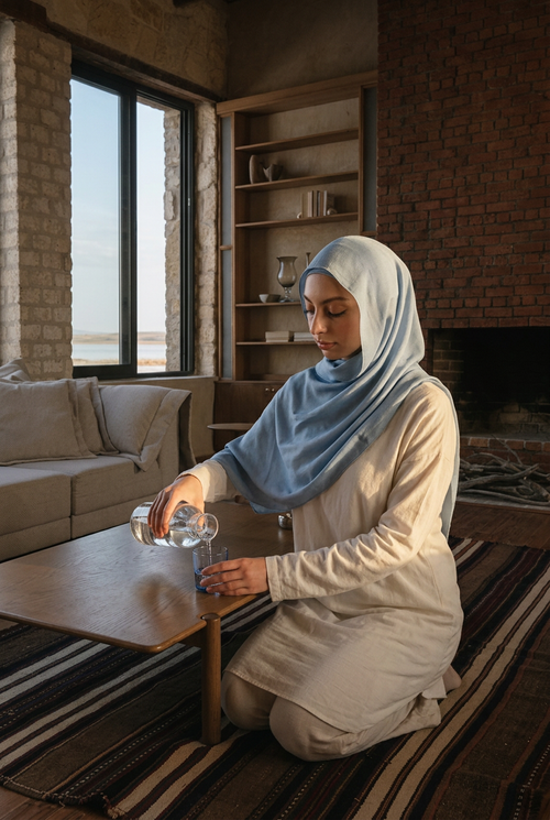 Femme en ensemble hijab bleu servant de l'eau dans un salon face à un lac