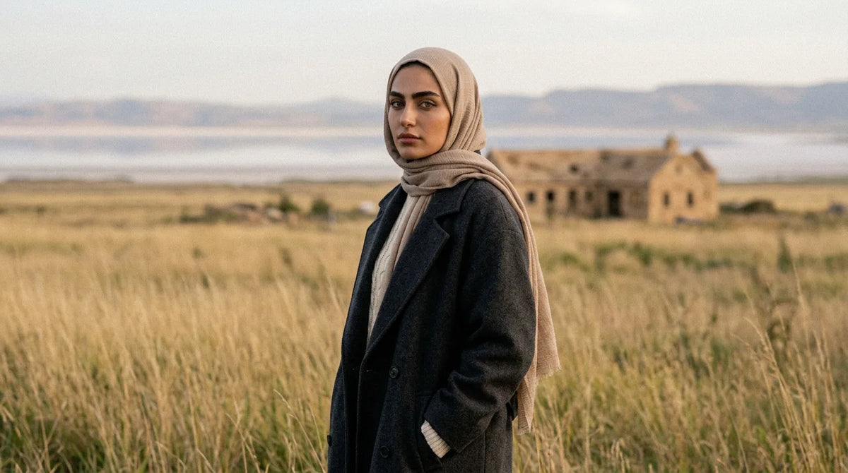 Hijab beige porté avec un long manteau en laine anthracite dans un champ d'herbes dorées, lac en arrière-plan