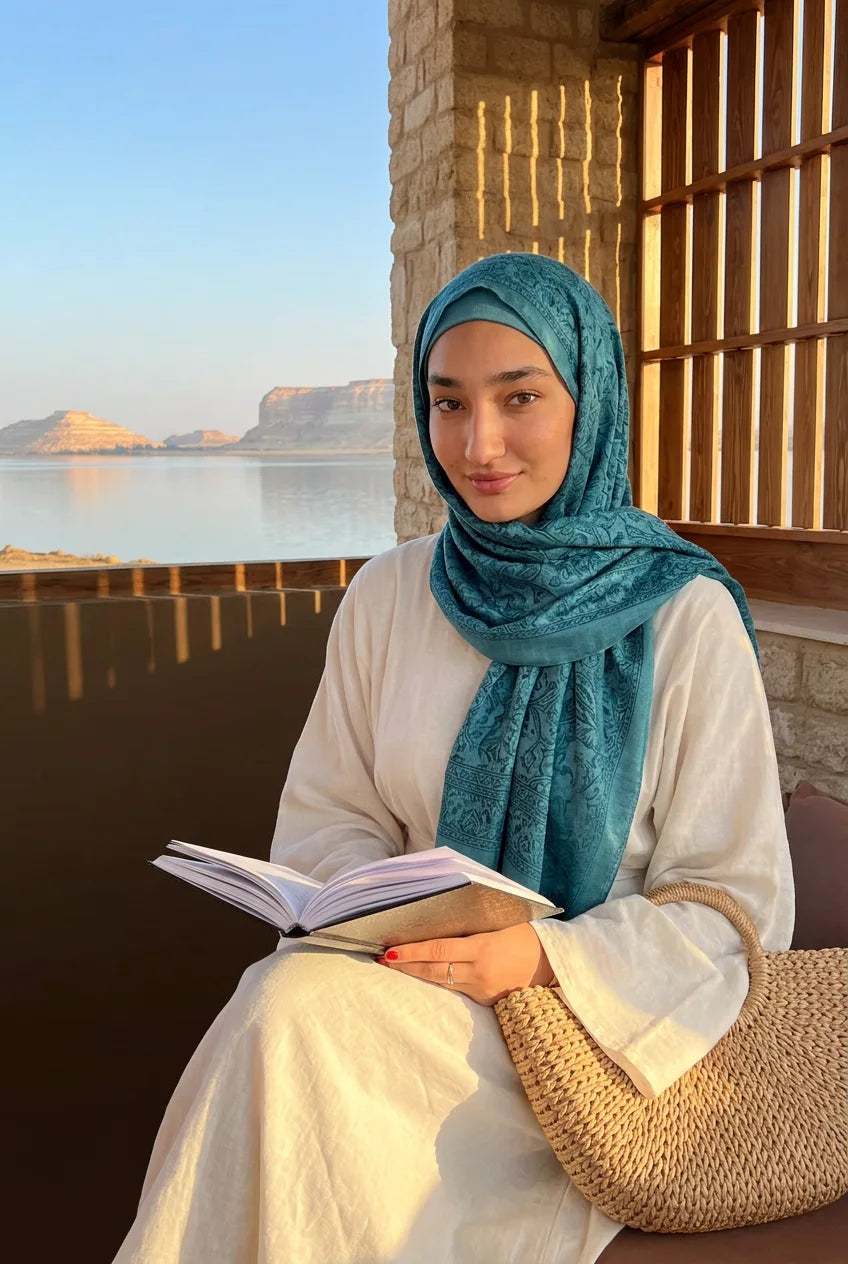 Hijab bleu canard imprimé porté avec une robe en lin blanc, lecture sur une terrasse face au lac