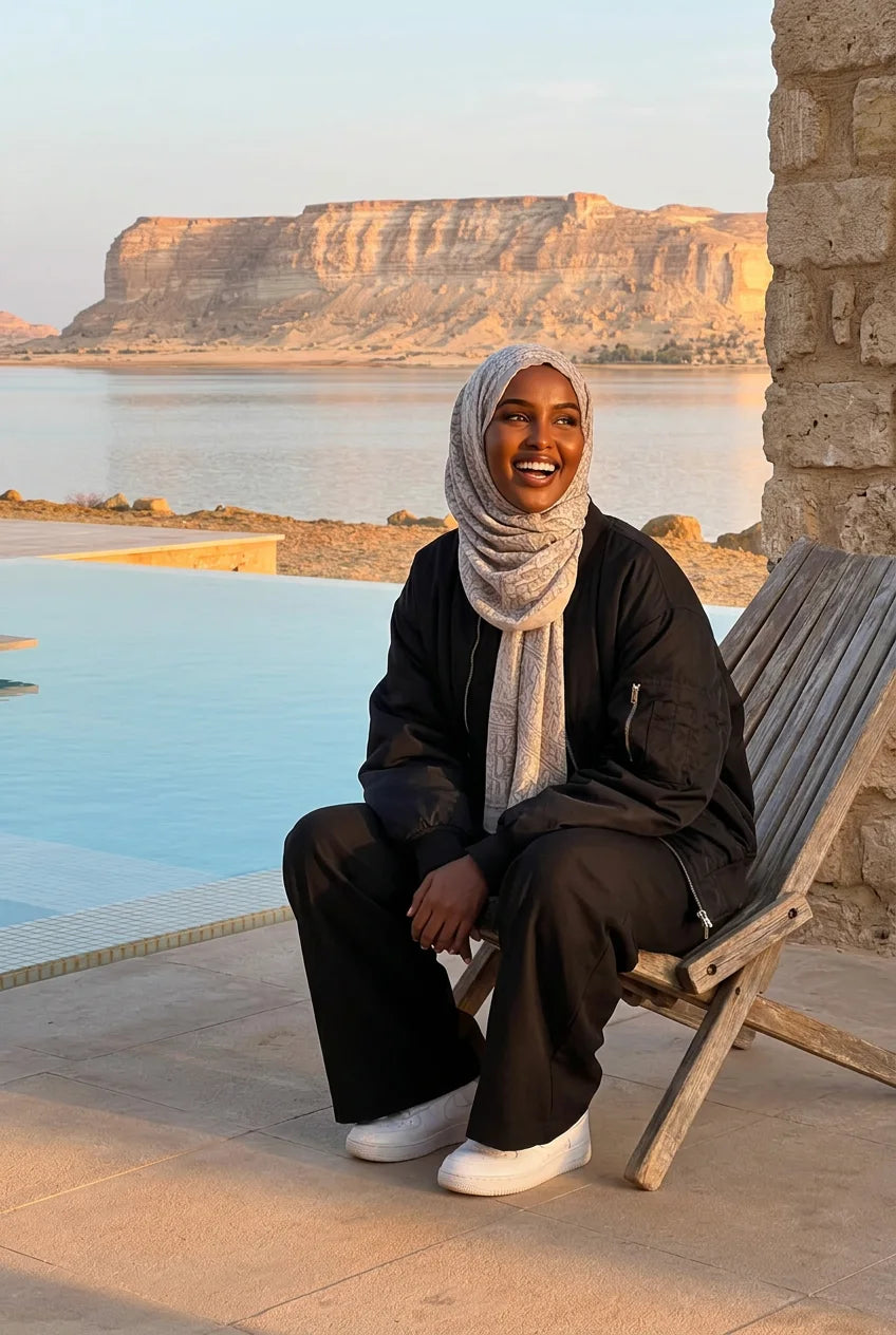 Hijab beige imprimé porté avec un bomber noir et des baskets blanches, au bord d'une piscine face au lac au coucher du soleil
