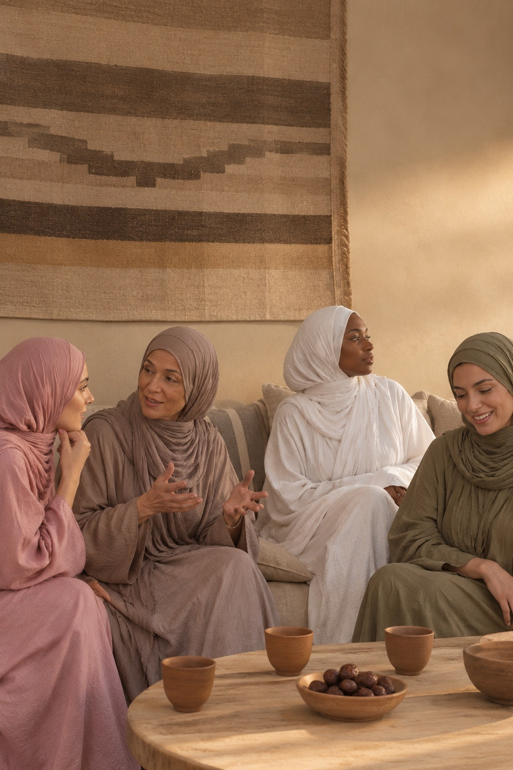 Femmes assises sur une banquette, en hijab jersey court