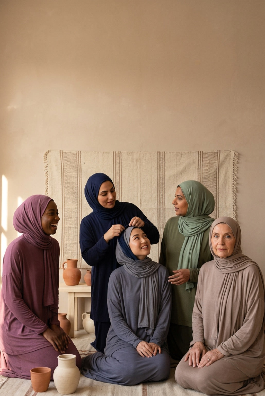 Six femmes en hijab jersey court de coloris différents devant un kilim