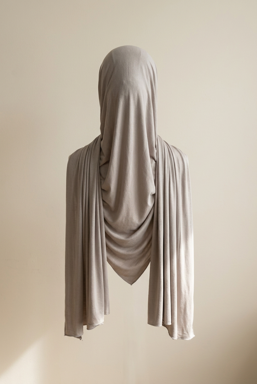 Hijab jersey vu de dos, volume porté sans personne, fond beige uni