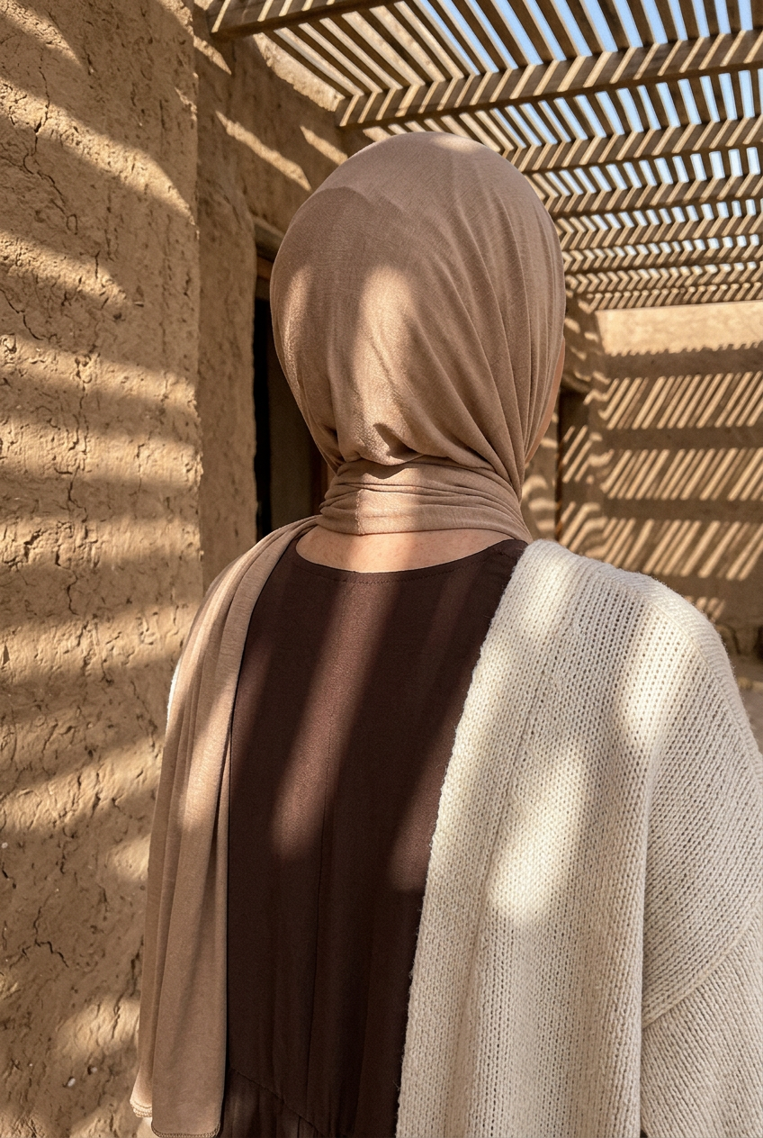 Hijab jersey vu de dos sous les rayures d'ombre d'une pergola