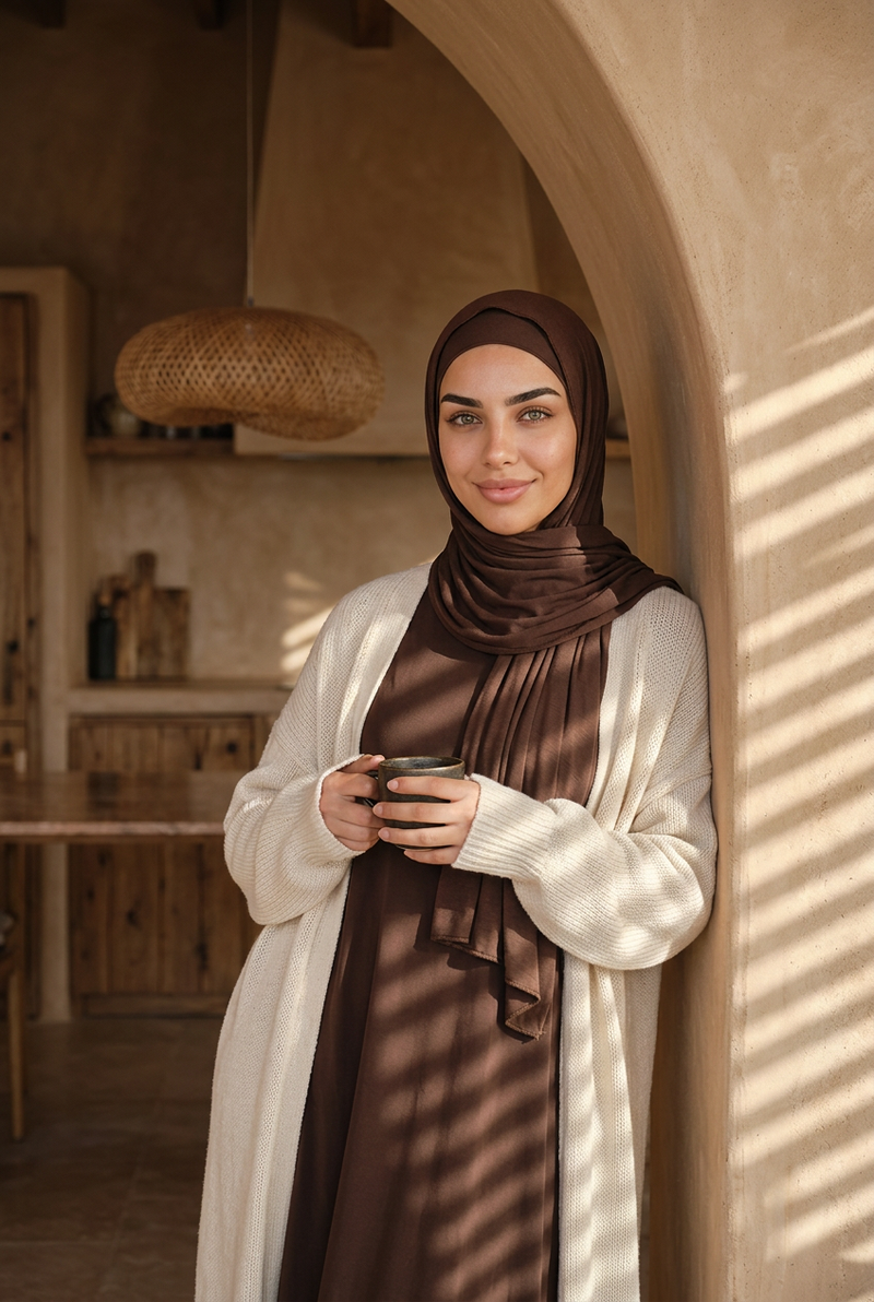 Hijab jersey premium porté, une tasse à la main, sous une arche en terre