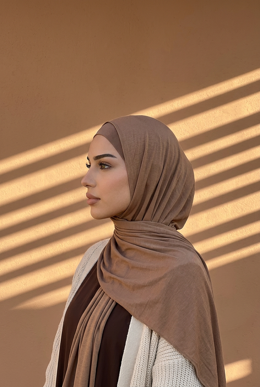 Hijab jersey premium vu de profil devant un mur rayé de soleil