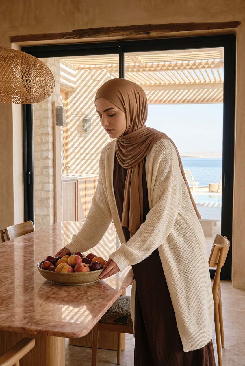 Femme en hijab jersey posant une coupe de fruits sur une table en marbre