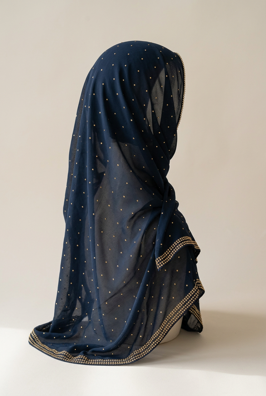 Hijab de mariage bleu nuit à strass, volume porté vu de trois-quarts dos