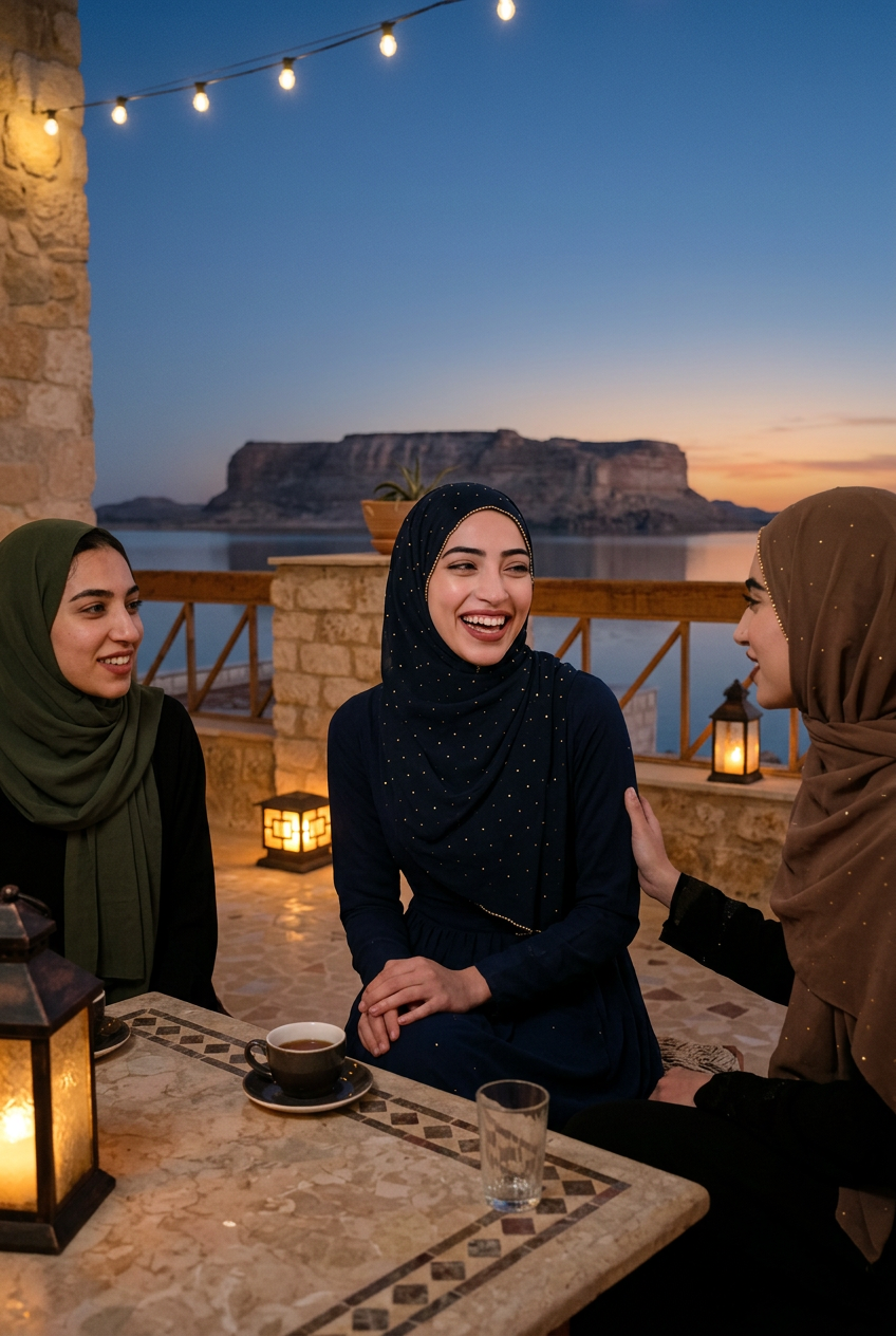 Femme en hijab de mariage riant avec deux amies sous les guirlandes lumineuses