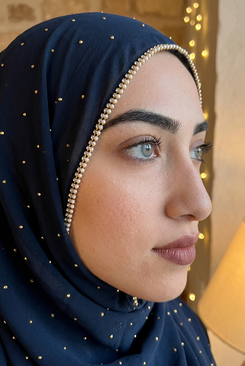 Hijab de mariage vu de près, bordure brillante autour du visage