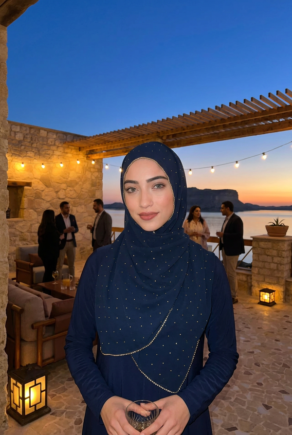 Hijab de mariage bleu nuit à strass porté lors d'une soirée sur une terrasse au coucher du soleil