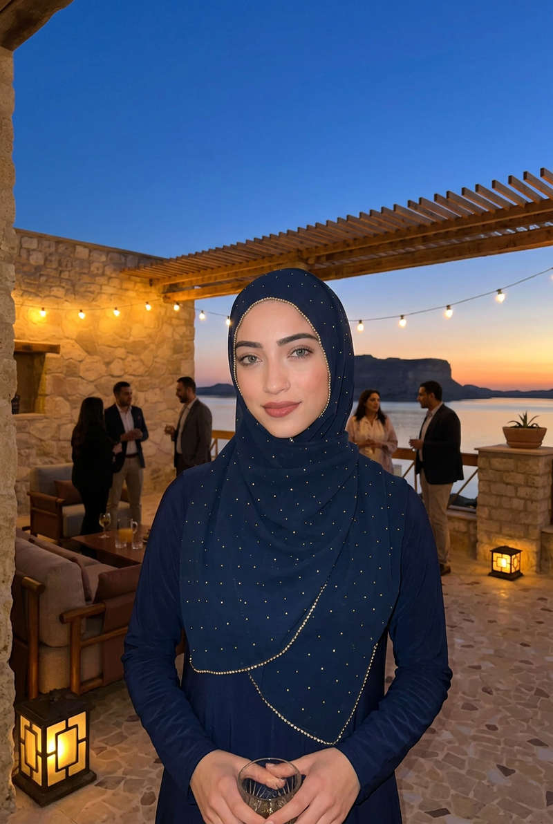 Hijab de mariage bleu nuit à strass porté lors d'une soirée sur une terrasse au coucher du soleil