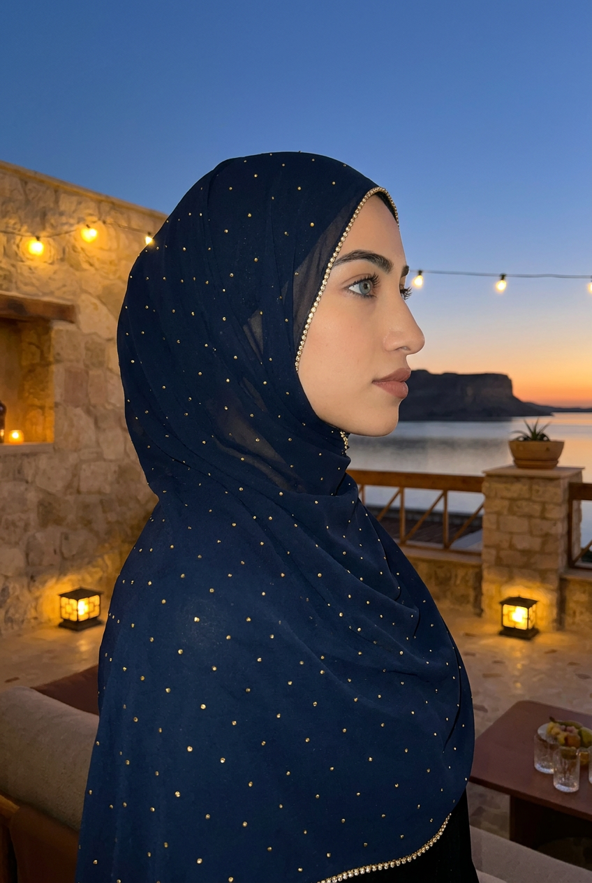 Hijab pour mariée vu de profil, bord à strass, lac au crépuscule