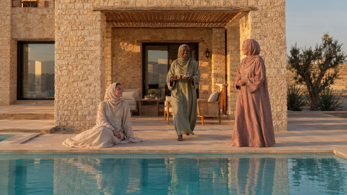 Trois femmes en hijab au coucher du soleil devant une maison en pierre et sa piscine, l'une apporte un plateau de thé